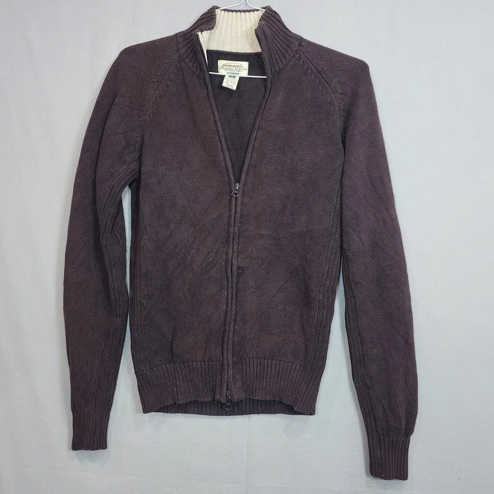 American Rag Full Zip Cardigan Brown Mock Neck Cotton Sweater Mens S